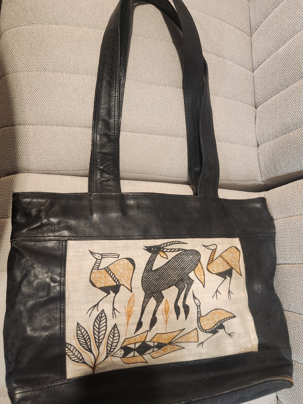 Black Leather Tote with Textile Folk Art Panel
